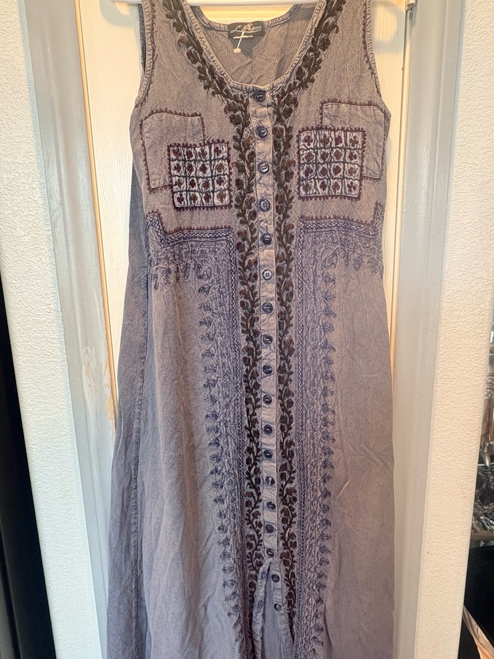 Embroidered Button-Front Maxi Dress